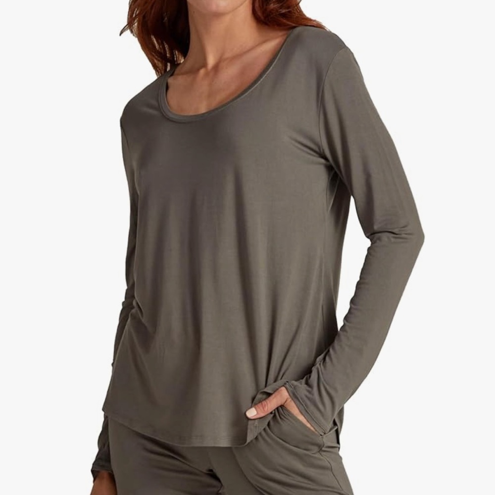 Faceplant Dreams Ultra Soft Bamboo Long Sleeve Scoop Neck Top Earl Gray Small